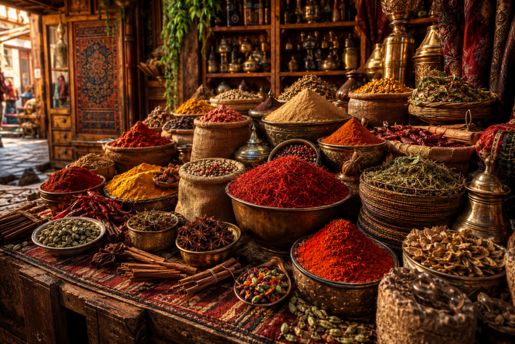 Verschiedene Gewürze auf einem orientalischen Markt generiert von ChatGPT